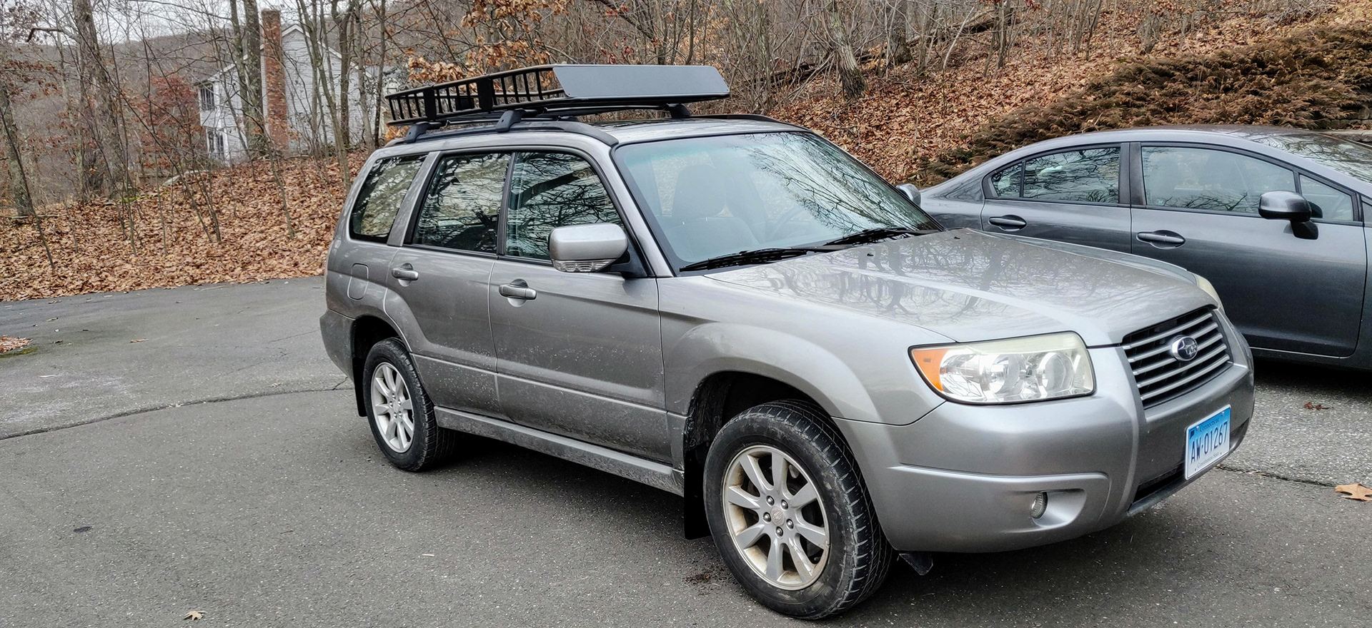 A 2007 Subaru Forester with roof rack